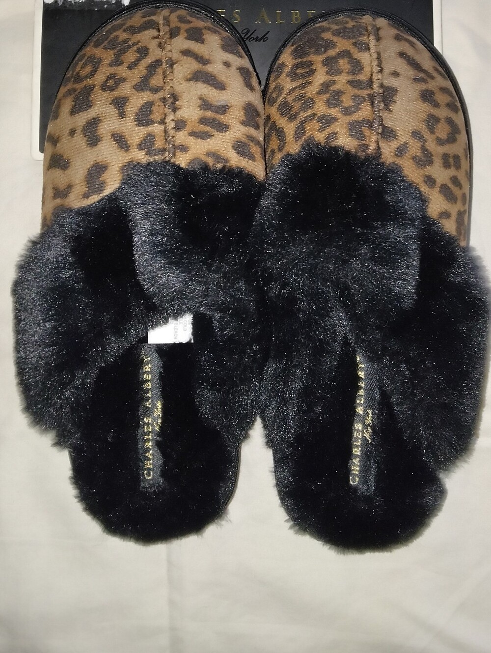 Charles Albert Leopard Print Slip-On Slippers with Black Faux Fur